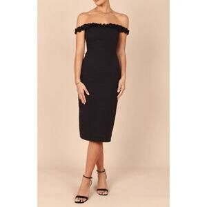 Petal & Pup Cotton Midi Ruffle Neck Off-The Shoulder Florez Dress Black 8